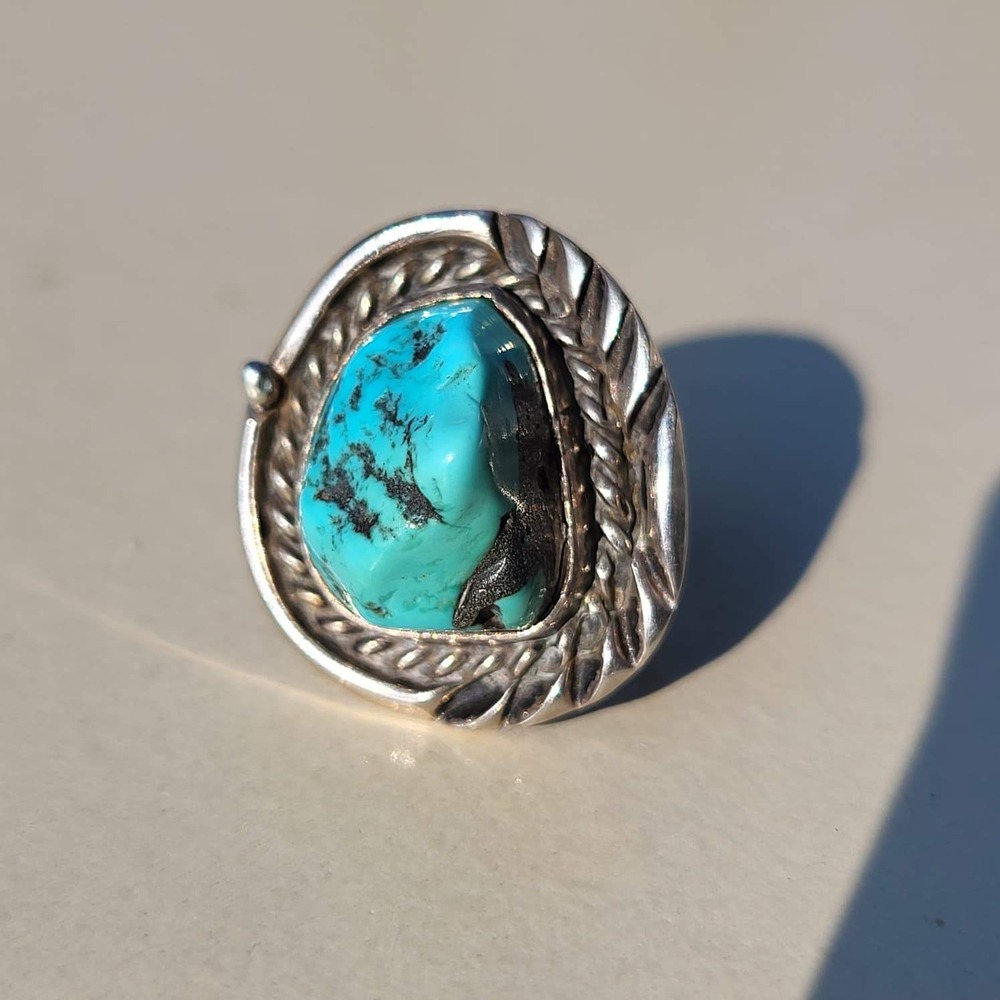 Vintage Silver Rough Turquoise Ring Size 5 Southwestern Statement Blue Stone